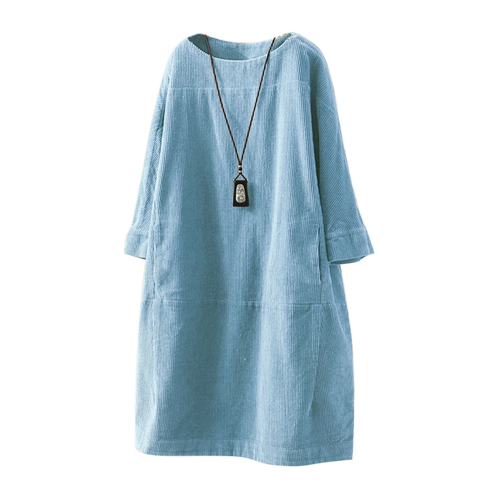 Vestido De Pana Holgado Con Cuello Redondo Y Manga Tres Cuartos