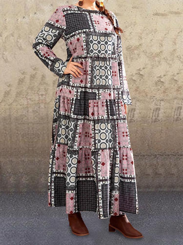 Vestido estampado étnico con cintura de moda de otoño de 2020 cuello redondo falda femenina suelta con gran swing - MXbueno