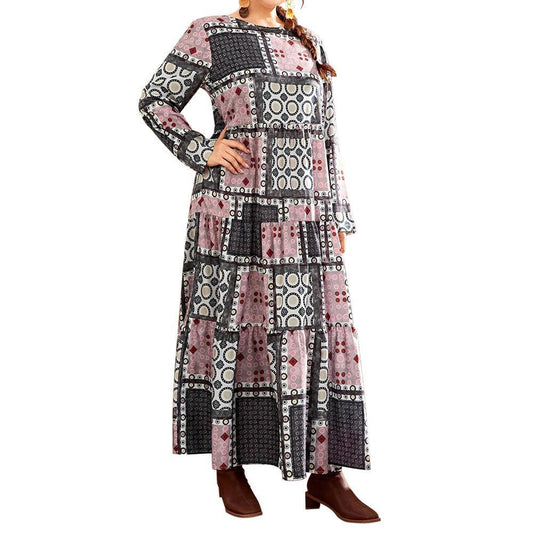 Vestido estampado étnico con cintura de moda de otoño de 2020 cuello redondo falda femenina suelta con gran swing - MXbueno