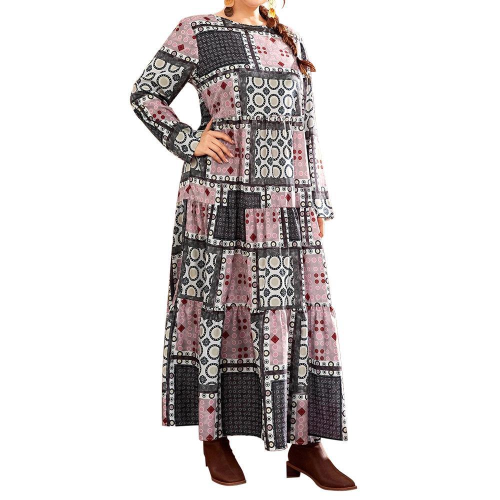 Vestido estampado étnico con cintura de moda de otoño de 2020 cuello redondo falda femenina suelta con gran swing - MXbueno