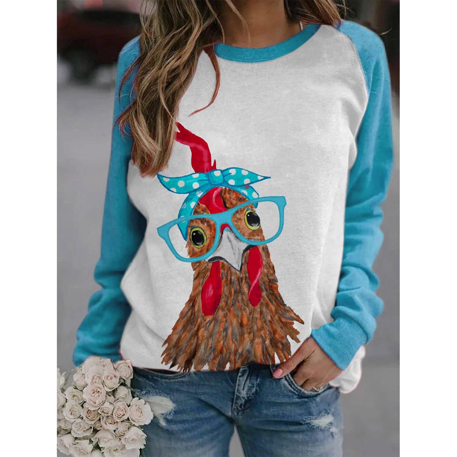 Sudadera Con Estampado De Pollo Y Bandana En Bloques De Color Para Mujer - MXbueno