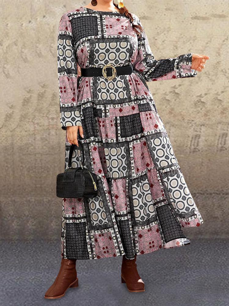 Vestido estampado étnico con cintura de moda de otoño de 2020 cuello redondo falda femenina suelta con gran swing - MXbueno