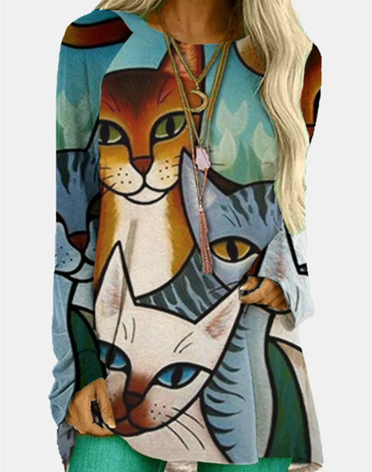 Top De Manga Larga Con Estampado Digital De Gato