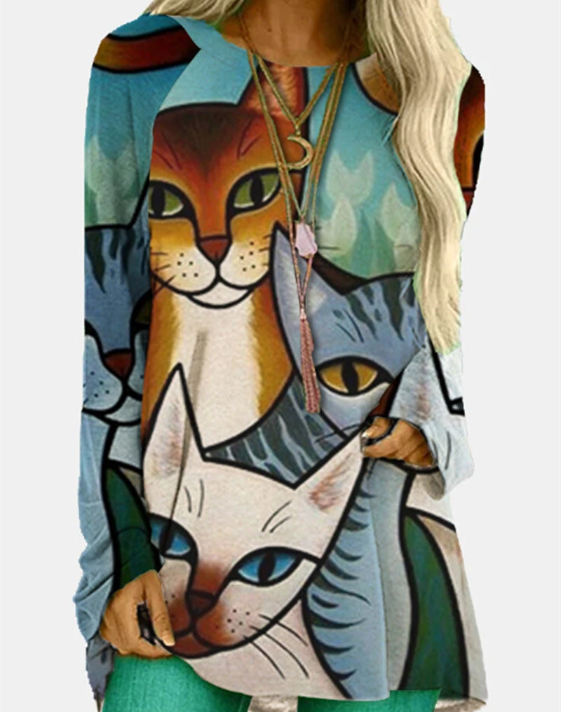 Top De Manga Larga Con Estampado Digital De Gato