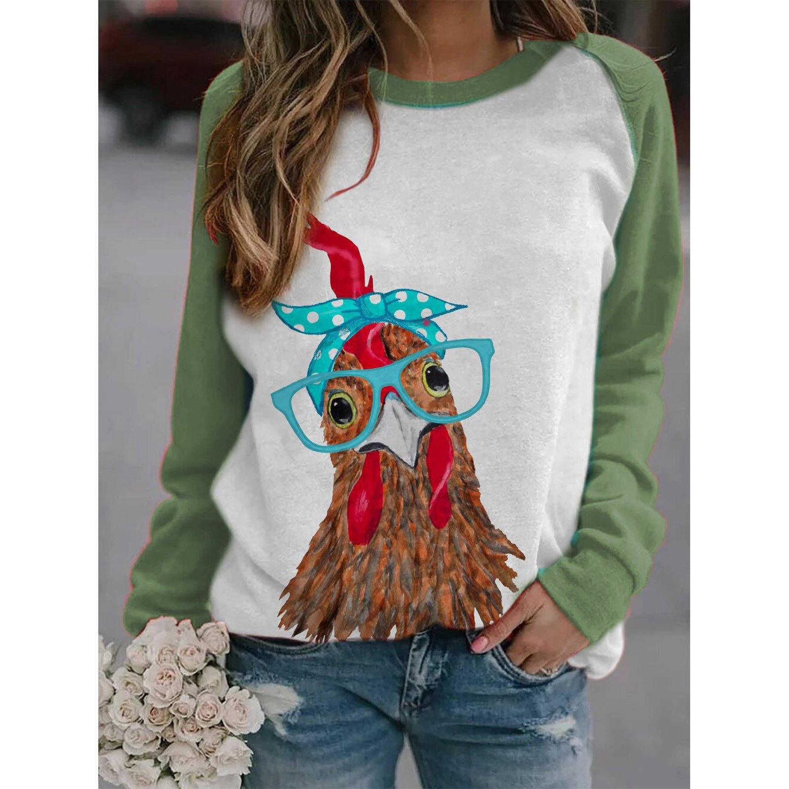 Sudadera Con Estampado De Pollo Y Bandana En Bloques De Color Para Mujer - MXbueno