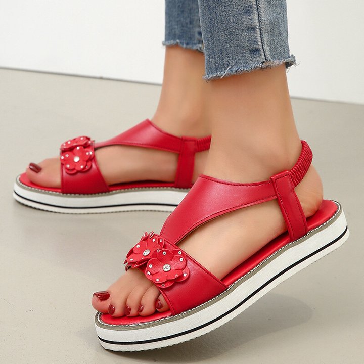 Sandalias Planas Con Banda Elástica Y Diamantes De Imitación Para Mujer, Informales, Cómodas, Con Flores De Pu