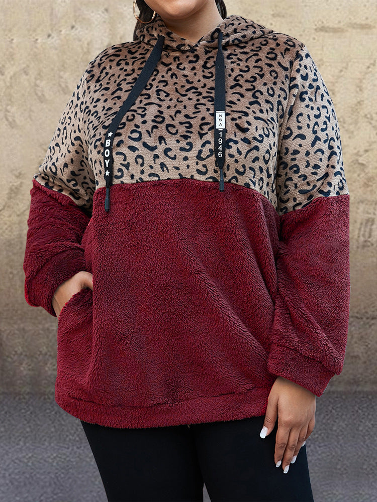 Jersey Suelto De Manga Larga Con Estampado De Leopardo Cosido Con Capucha De Felpa