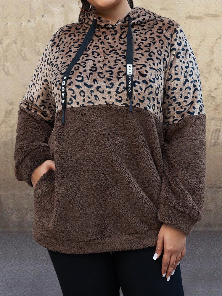 Jersey Suelto De Manga Larga Con Estampado De Leopardo Cosido Con Capucha De Felpa