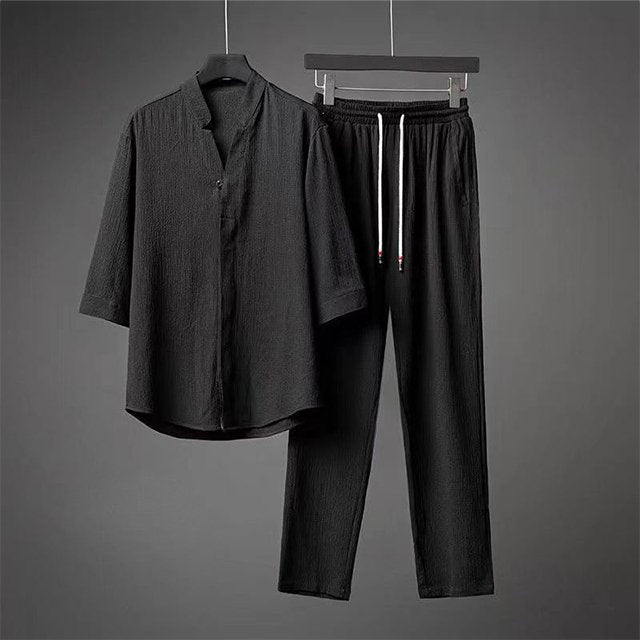 [M-Ropa] Conjunto De Traje Holgado Ligero De Lujo Fino De Algodón Y Lino Transpirable Para Hombre