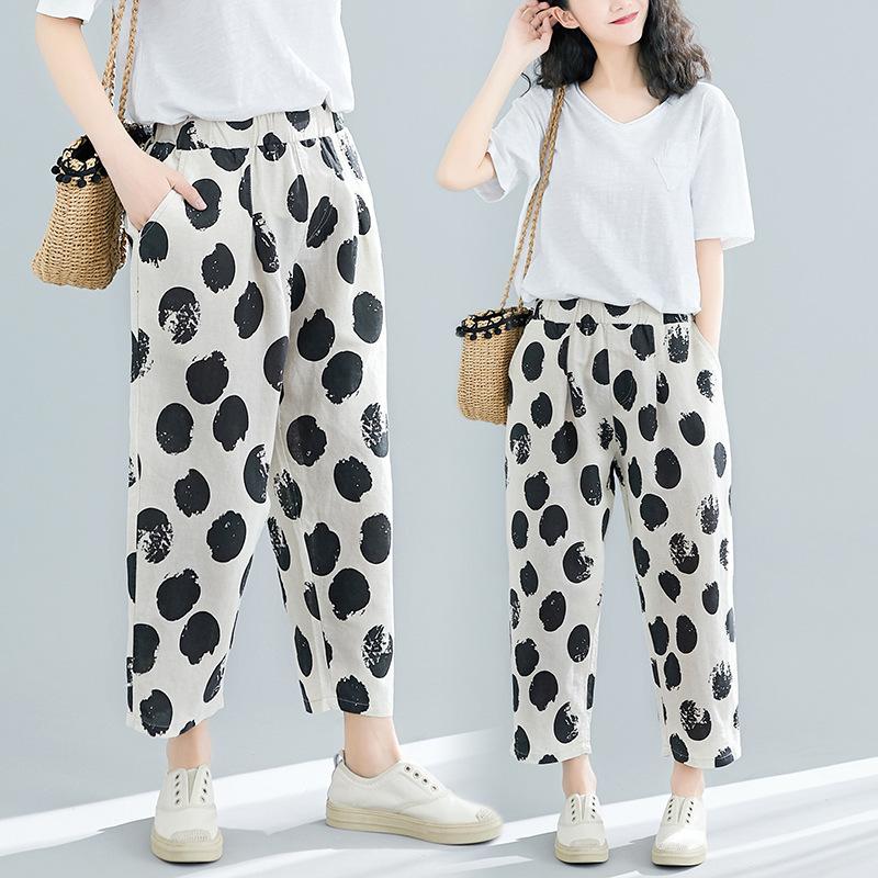 Pantalones de mujer de algodón lavado y lino estampado