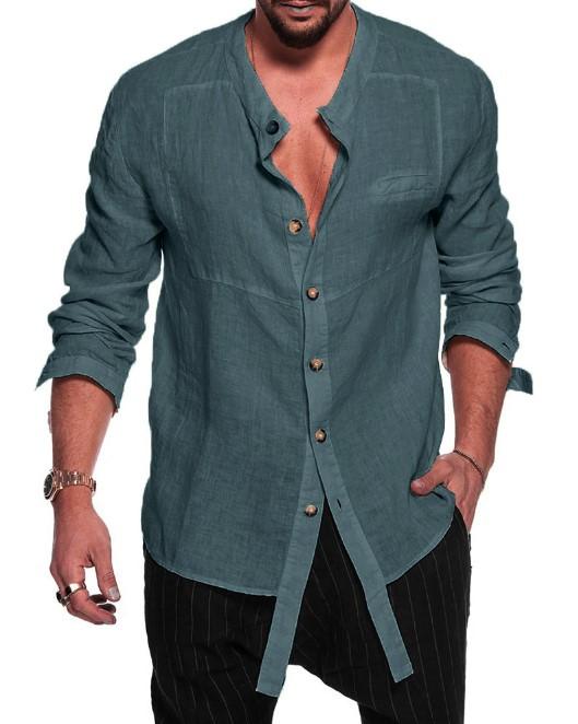 Camisa de manga larga de hombre de lino de algodón con cuello alto