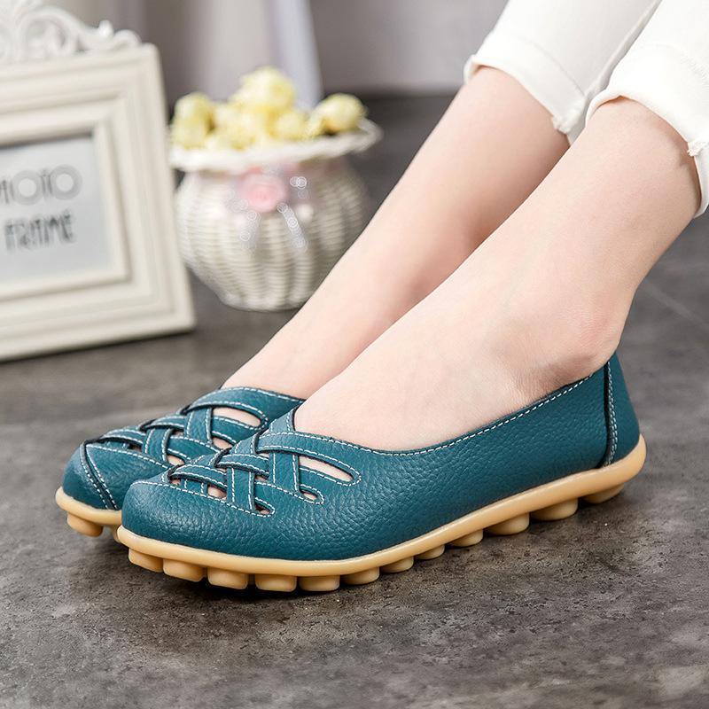 Resbalón casual respirable del cuero hueco en los pisos del mocasín para las mujeres - MXbueno