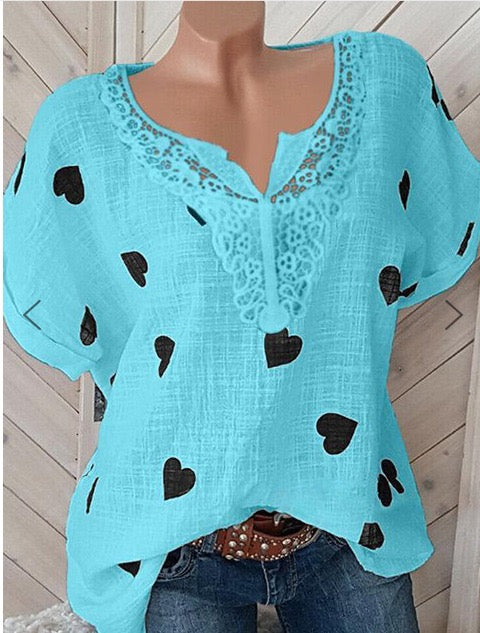 Mujeres Impreso Manga Corta Rhinestone Cuello Tops