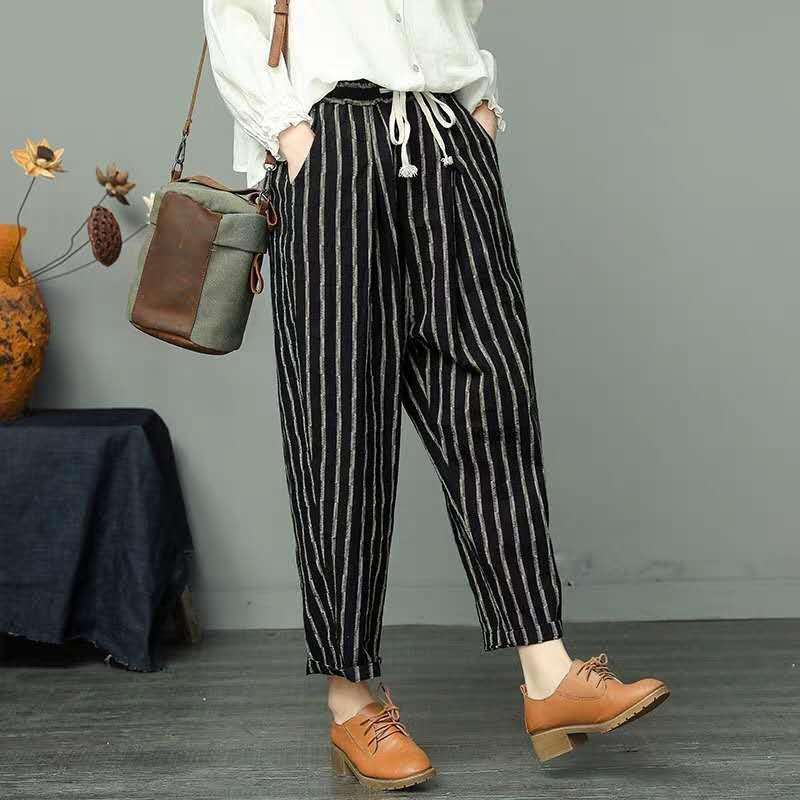 Pantalones de mujer de algodón lavado y lino estampado