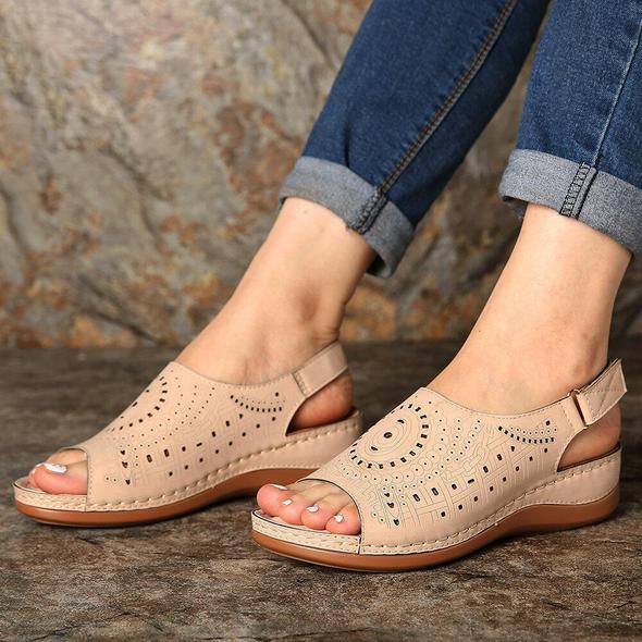 Peep Toe Pattern Hook Loop Casual Wedges Slingback Sandalias