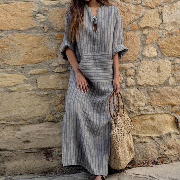 Vestido holgado a rayas de algodón y lino