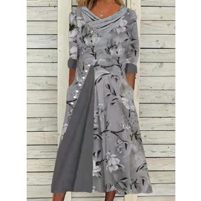 [W-Ropa] Vestido A Media Manga Con Paneles Y Cuello En V Estampado