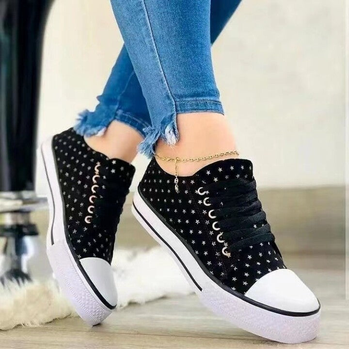 Zapatos De Lona De Skateboard Con Estampado De Estrellas Y Cordones Para Mujer