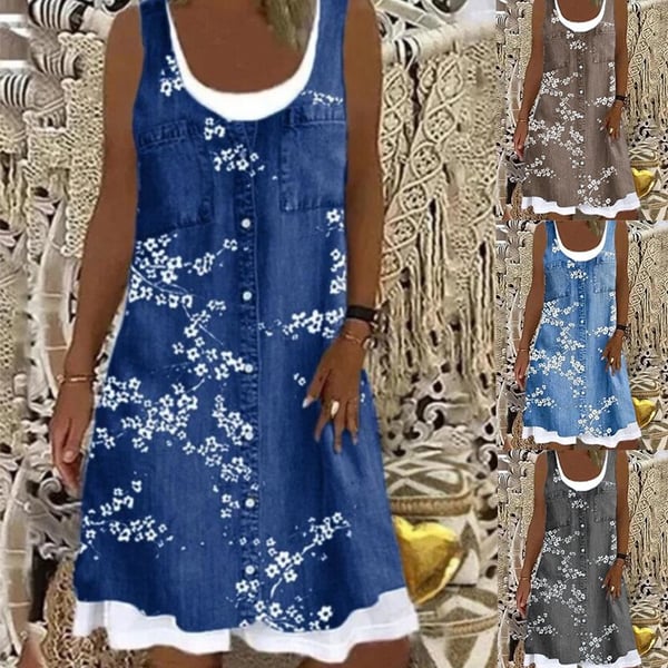 [W-Ropa] Estampado Retro Falso Vestido De Dos Piezas