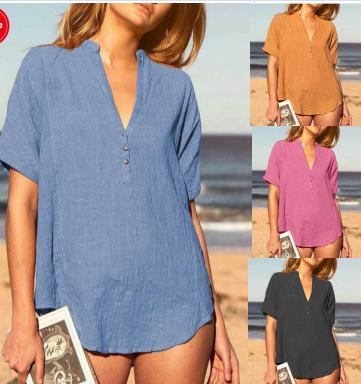 Camisa casual de algodón y lino en color liso para mujer