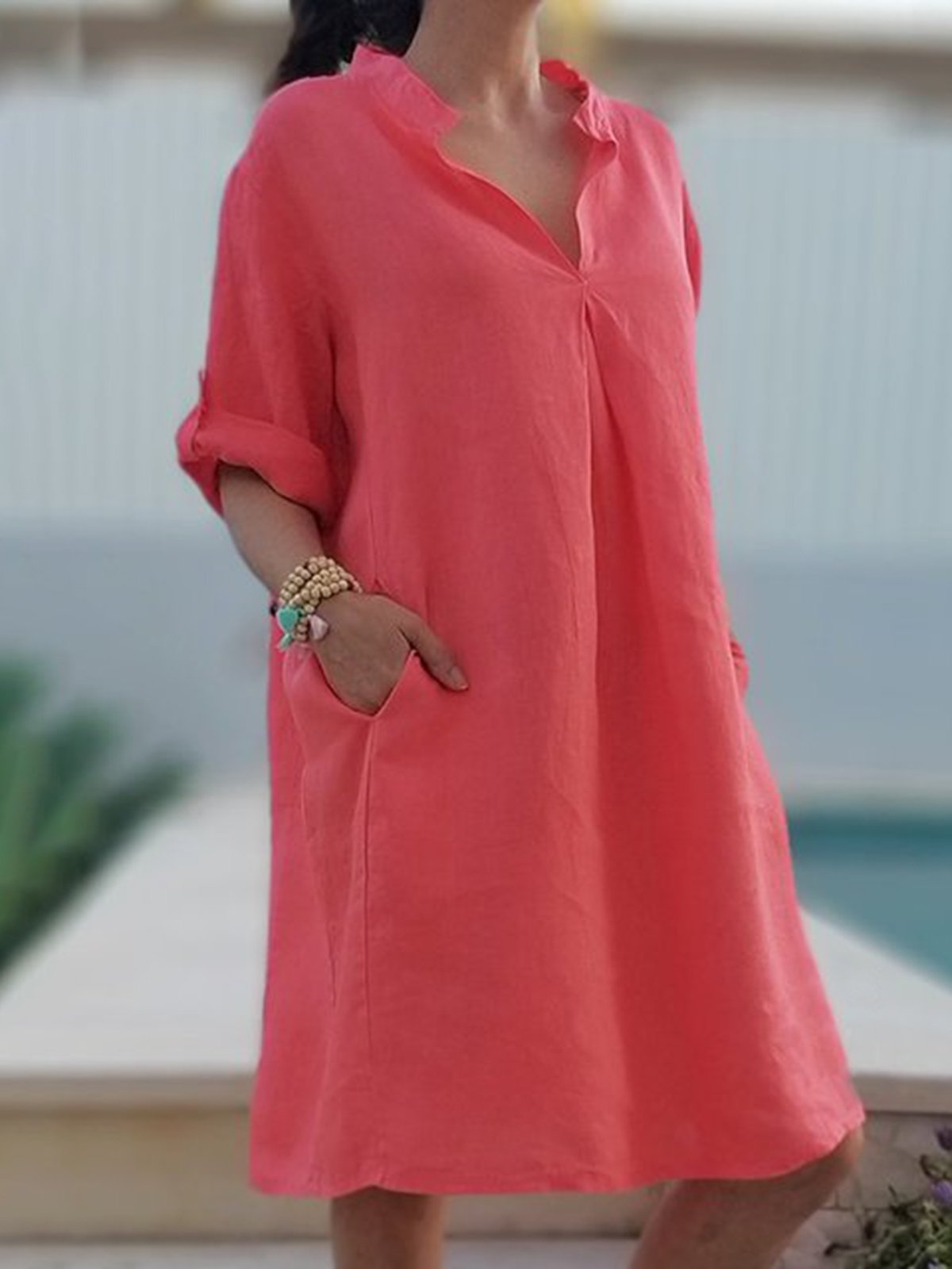 Vestidos de lino sólido con cuello en V de manga 3/4 para mujer