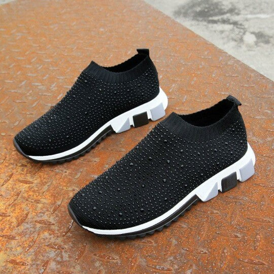 Zapatillas De Mujer Negras Sin Cordones Con Diamantes De Imitación