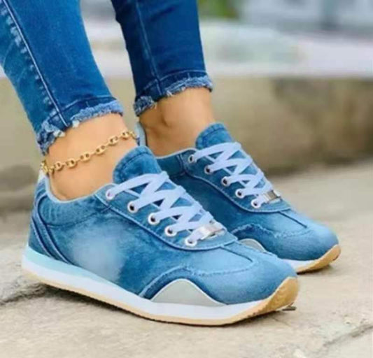 Zapatos De Mezclilla Planos De Lona Con Cordones Para Mujer