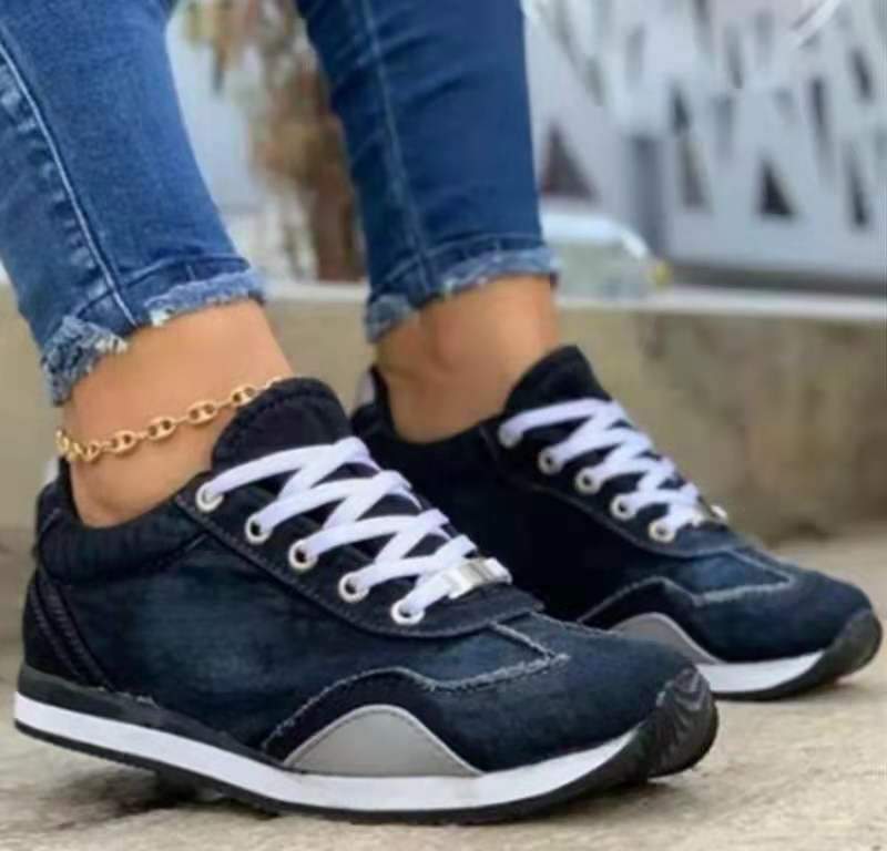 Zapatos De Mezclilla Planos De Lona Con Cordones Para Mujer