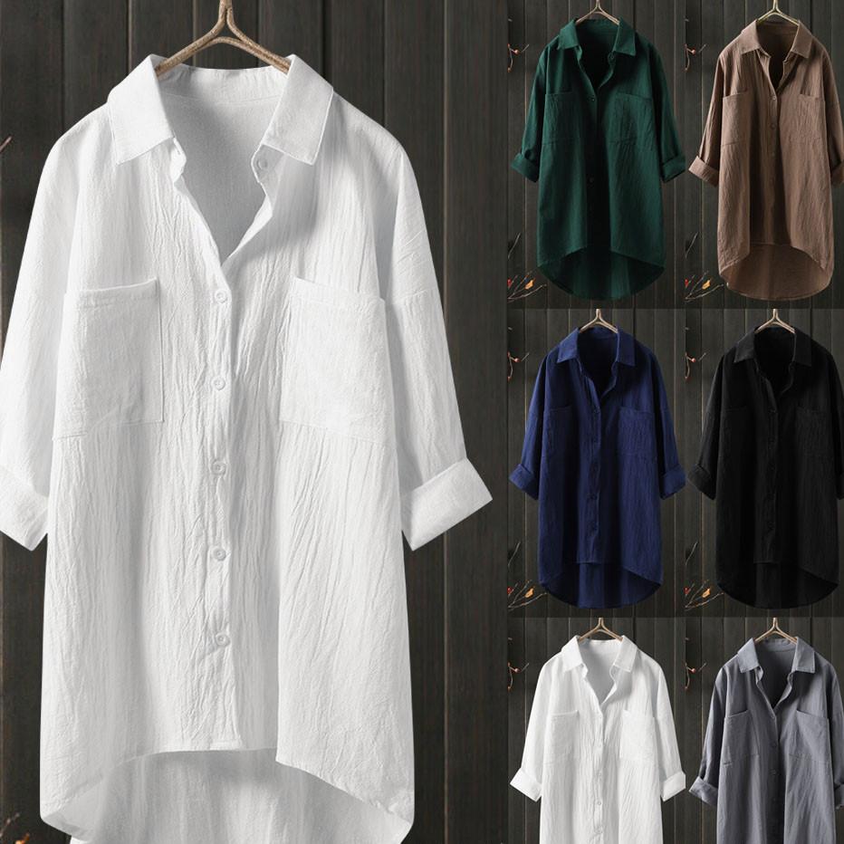 [W-Ropa] Camisa De Lino Y Algodón De Color Liso Top Suelto De Otoño