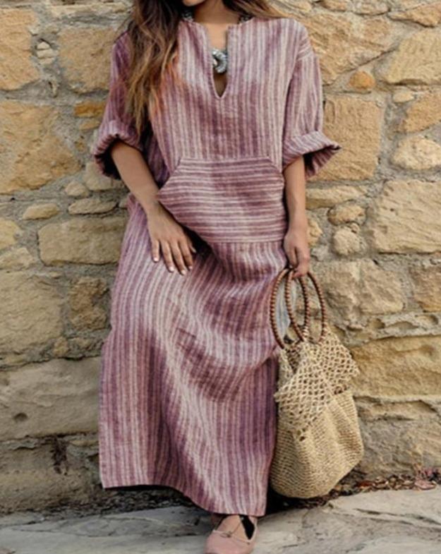 Vestido holgado a rayas de algodón y lino