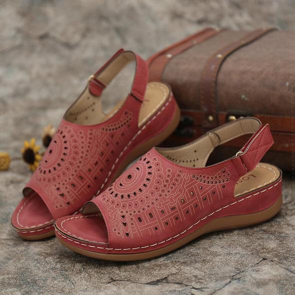 Peep Toe Pattern Hook Loop Casual Wedges Slingback Sandalias