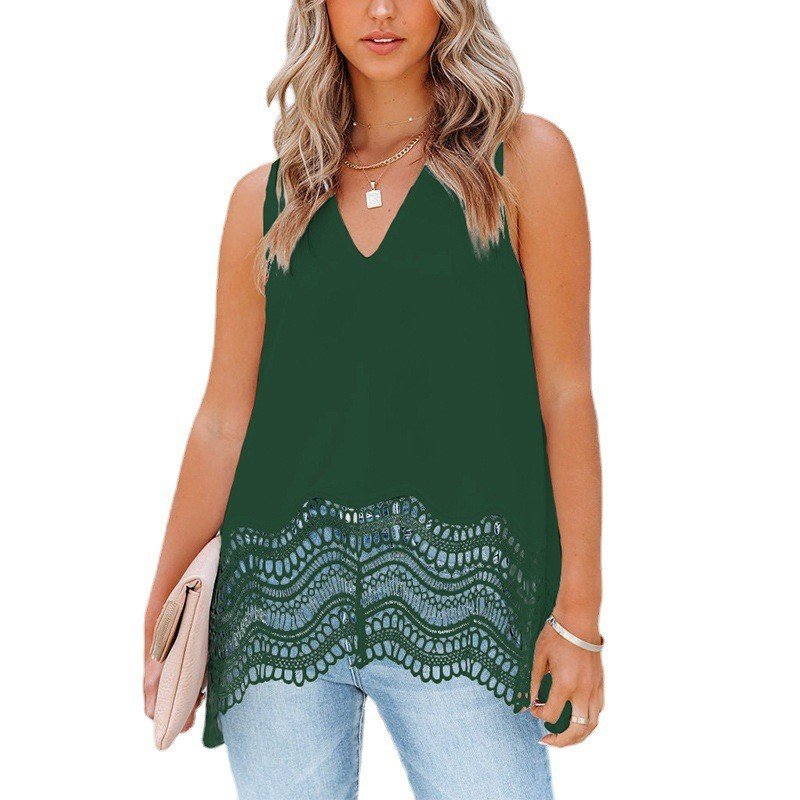 [W-Ropa] Nueva Camiseta De Gasa Sin Mangas Con Cuello En V Y Borde De Encaje De Verano