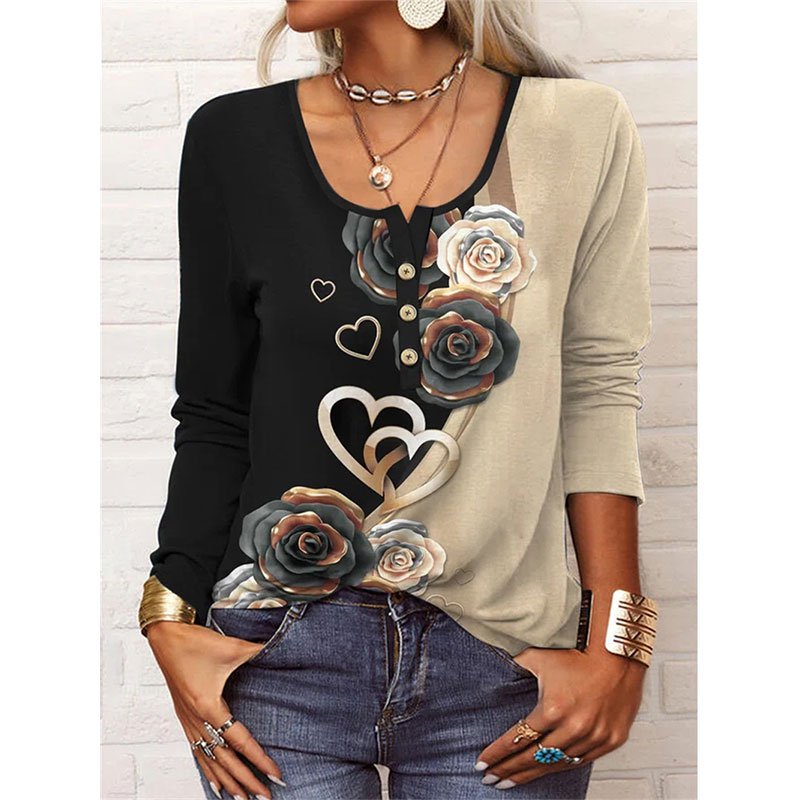 [W-Ropa] Camiseta De Botón De Cuello En U Impresa Geométricamente