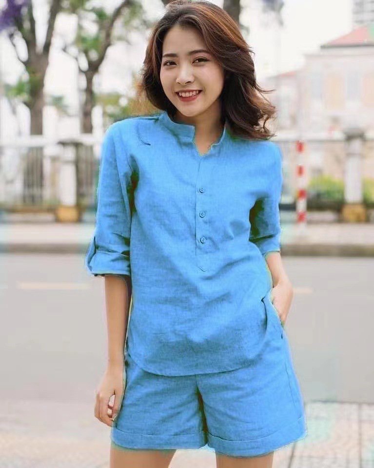 [W-Ropa] Camiseta De Manga Corta Con Cuello Alzado De Lino De Color Liso Para Mujer