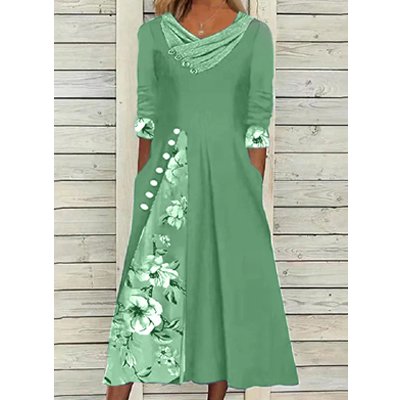 [W-Ropa] Vestido A Media Manga Con Paneles Y Cuello En V Estampado