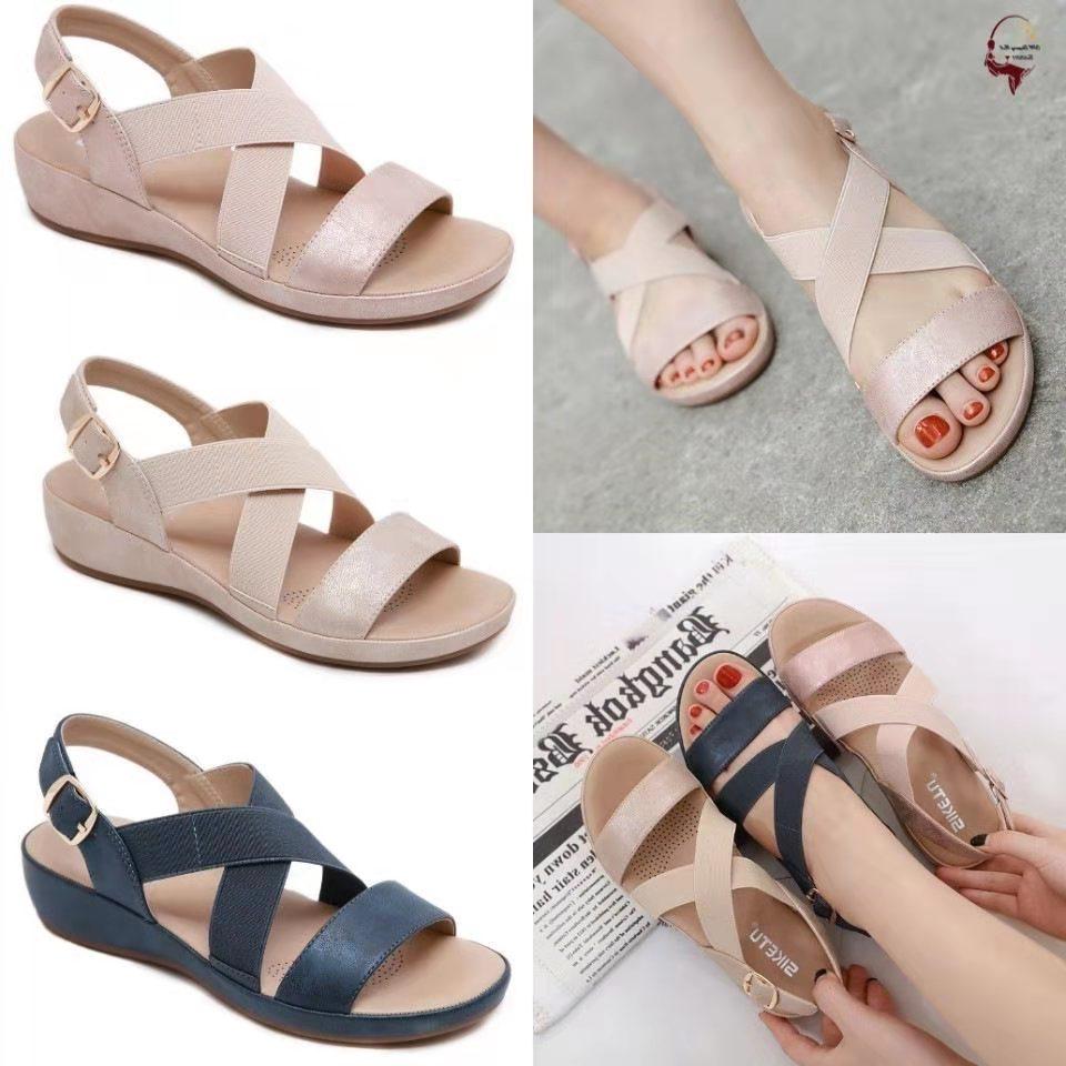 Sandalias De Cuña Con Hebilla Metálica Elástica