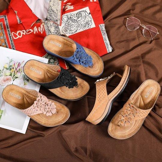 Sandalias ortopédicas de punta con clip de flores y cuña de primera calidad