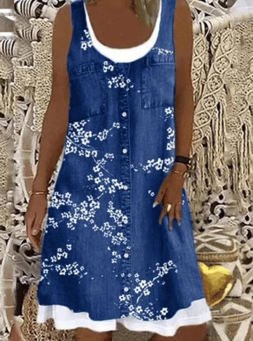 [W-Ropa] Estampado Retro Falso Vestido De Dos Piezas