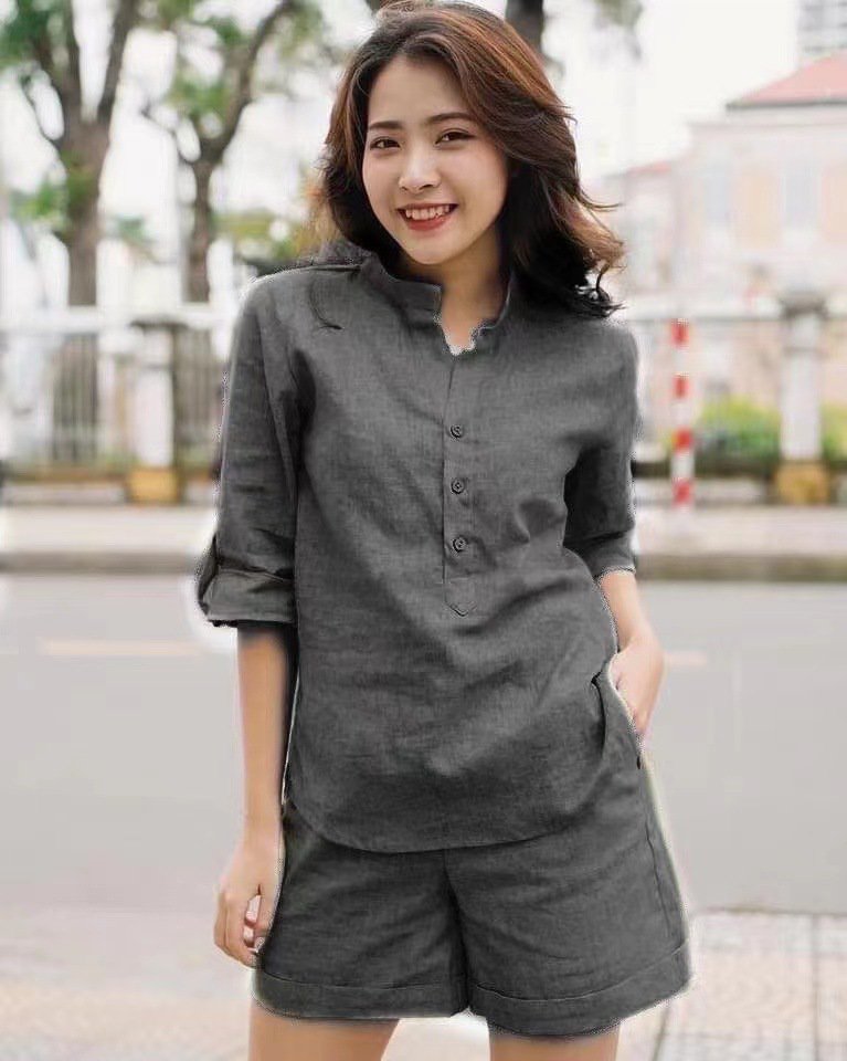 [W-Ropa] Camiseta De Manga Corta Con Cuello Alzado De Lino De Color Liso Para Mujer