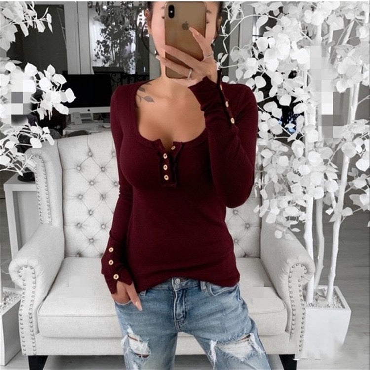 Camiseta de punto casual con hombros descubiertos y manga larga