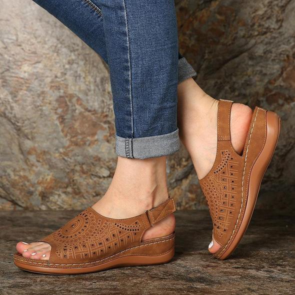 Peep Toe Pattern Hook Loop Casual Wedges Slingback Sandalias