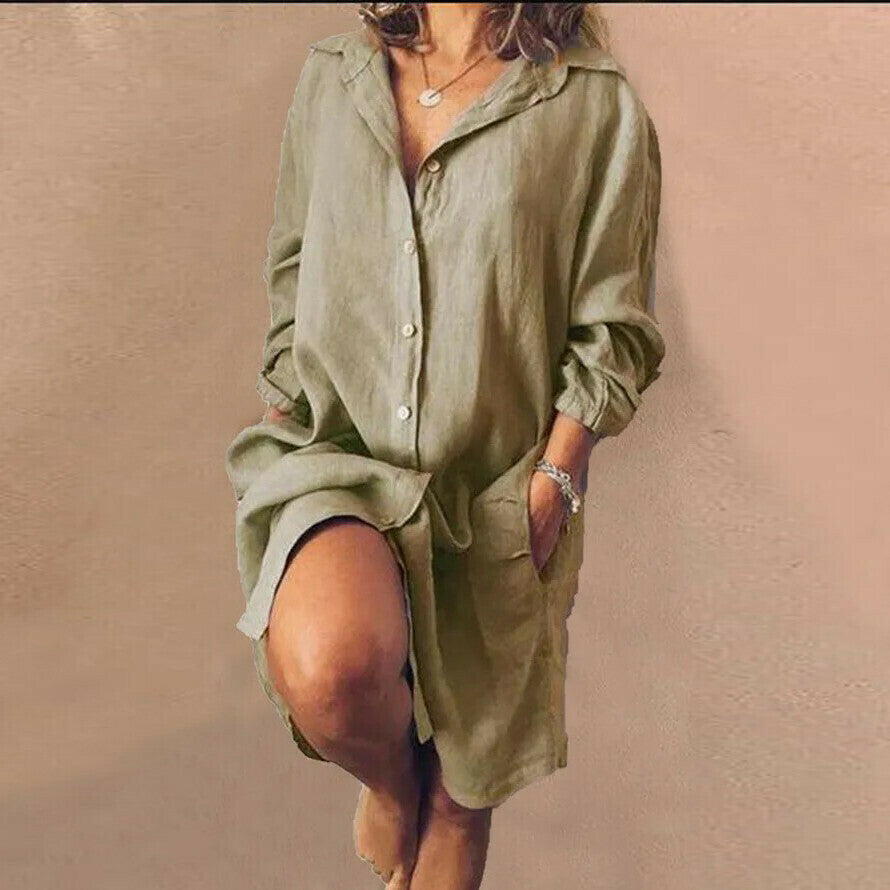 Vestido De Bolsillo De Camisa Larga Suelta Informal