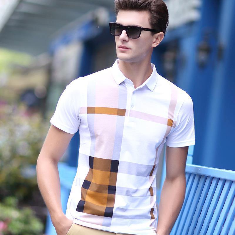 Camiseta de manga corta estampada polo de solapa a cuadros - MXbueno