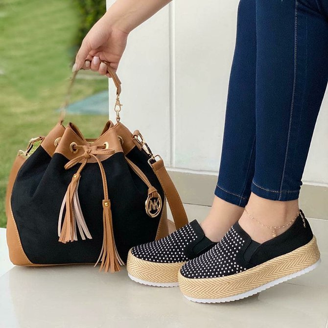 [W-Zapato] Zapatos De Plataforma Sin Cordones Con Diamantes De Imitación Para Mujer