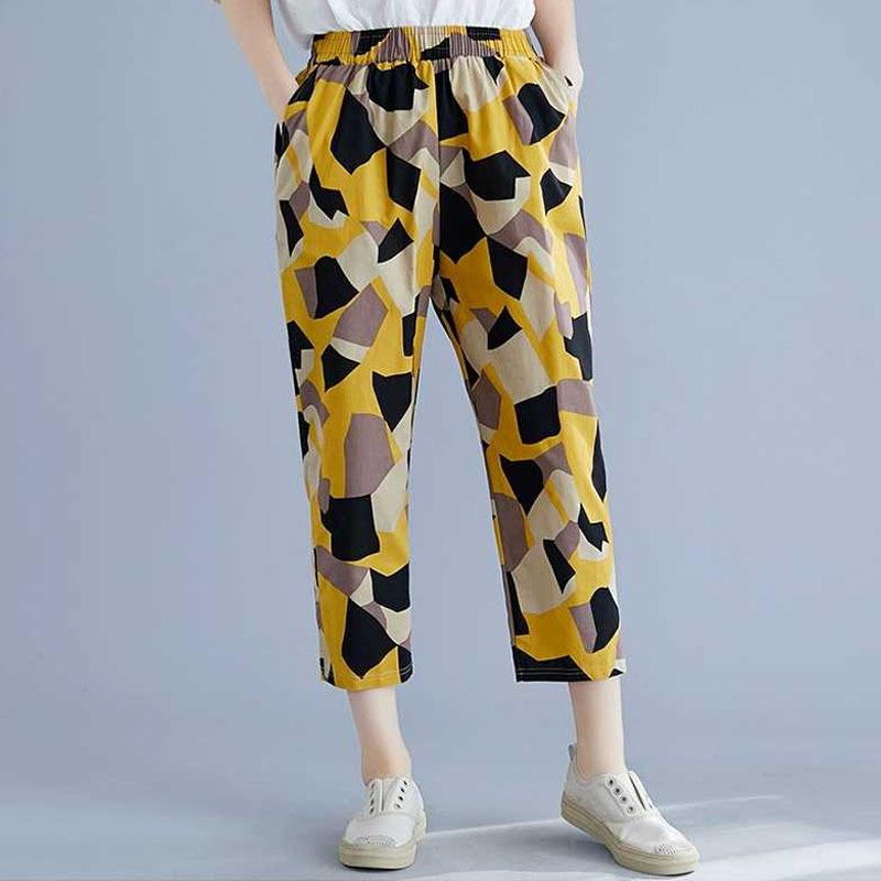 Pantalones de mujer de algodón lavado y lino estampado