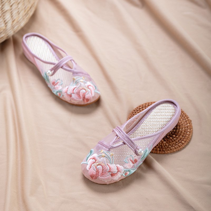 [W-Zapato] Pantuflas Bordadas Con Botón De Rana Y Punta Redonda