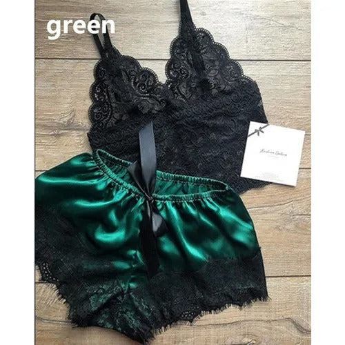 Nuevos conjuntos de pijama para mujer Top sin mangas de encaje sin mangas + Shorts de satén Conjunto de ropa de dormir
