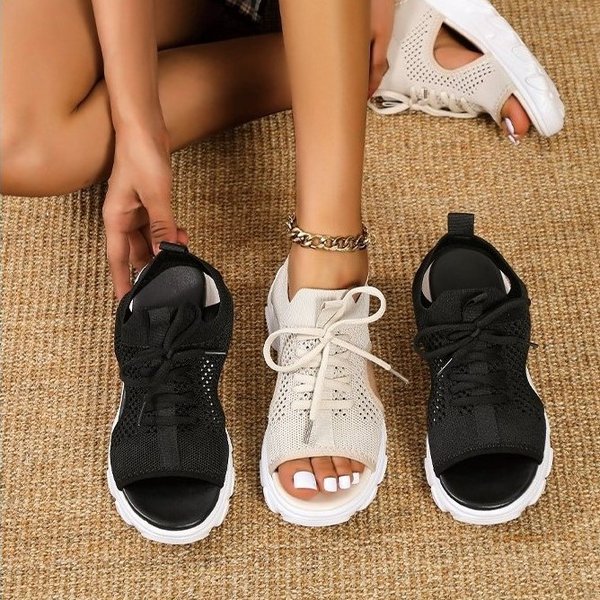 [W-Zapato] Sandalias Tejidas Con Plataforma Recortada Y Punta Redonda