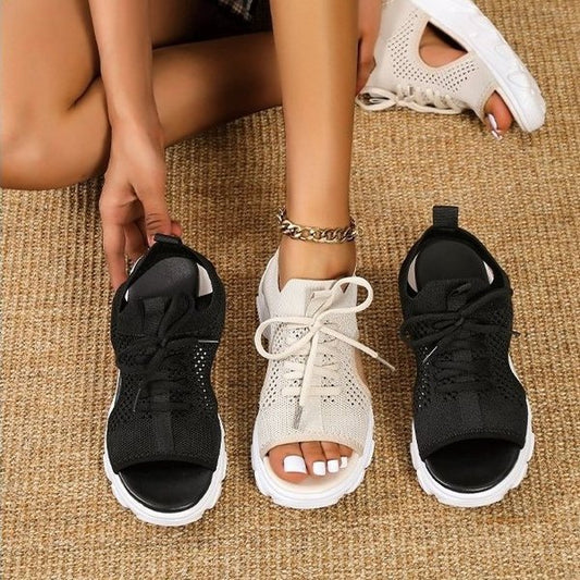 [W-Zapato] Sandalias Tejidas Con Plataforma Recortada Y Punta Redonda