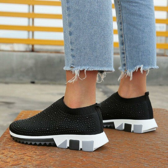 Zapatillas De Mujer Negras Sin Cordones Con Diamantes De Imitación